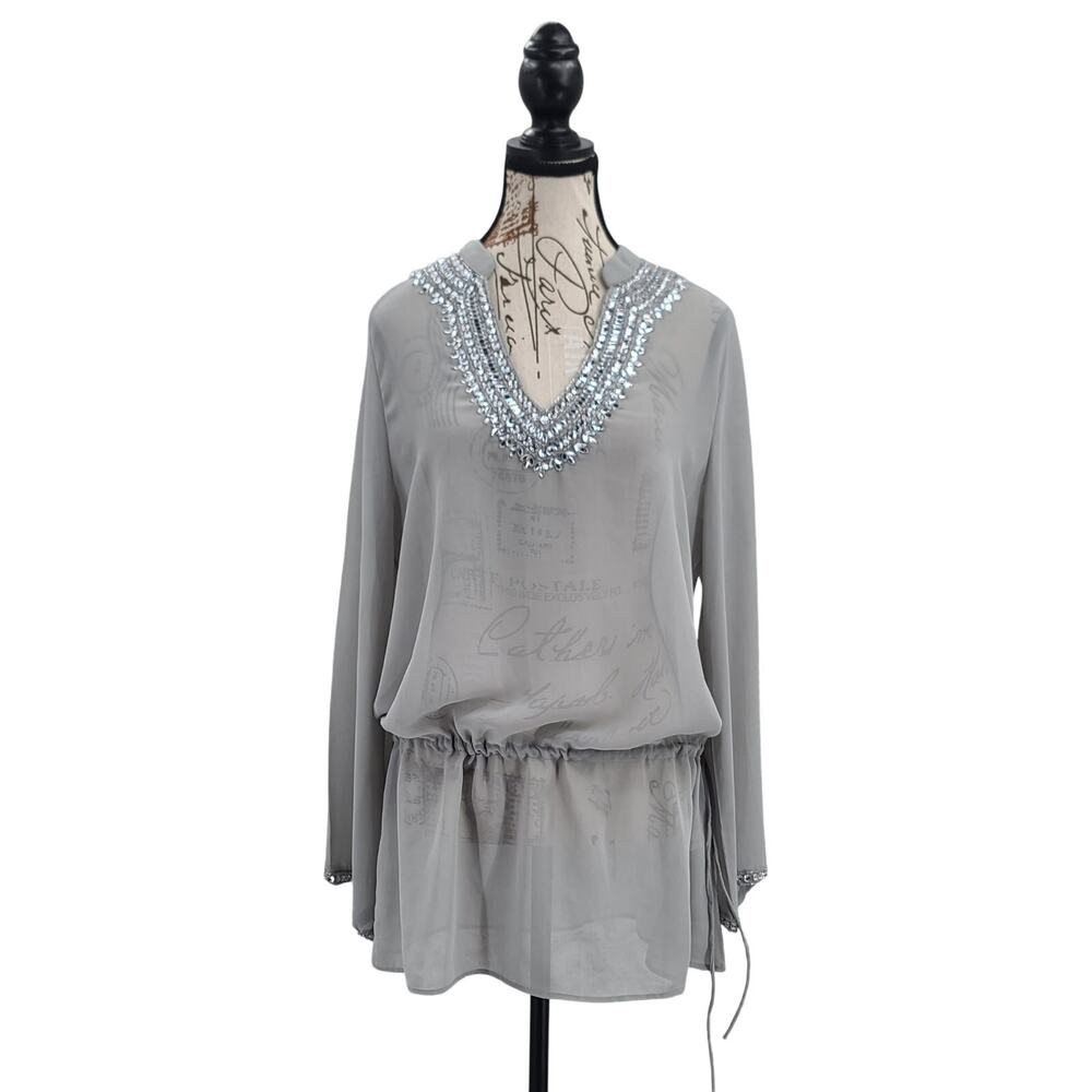 Boston Proper Gray embellished beaded long sleeve tunic Sz 10 Old money polished